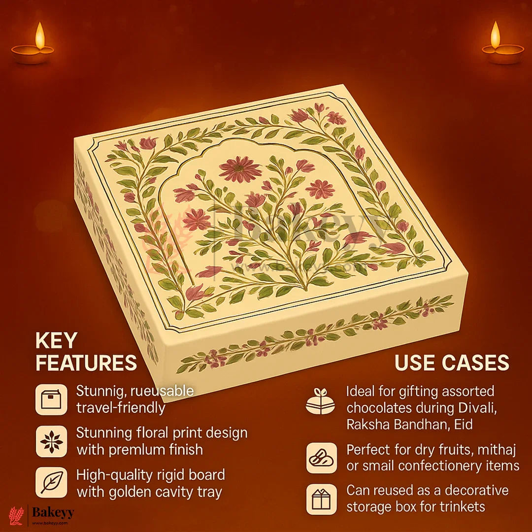 8x8x1.5 inch | Elegant Floral Squire 16 Cavity Gift Sweet Box| Pink & Gold Accents 1 Piece