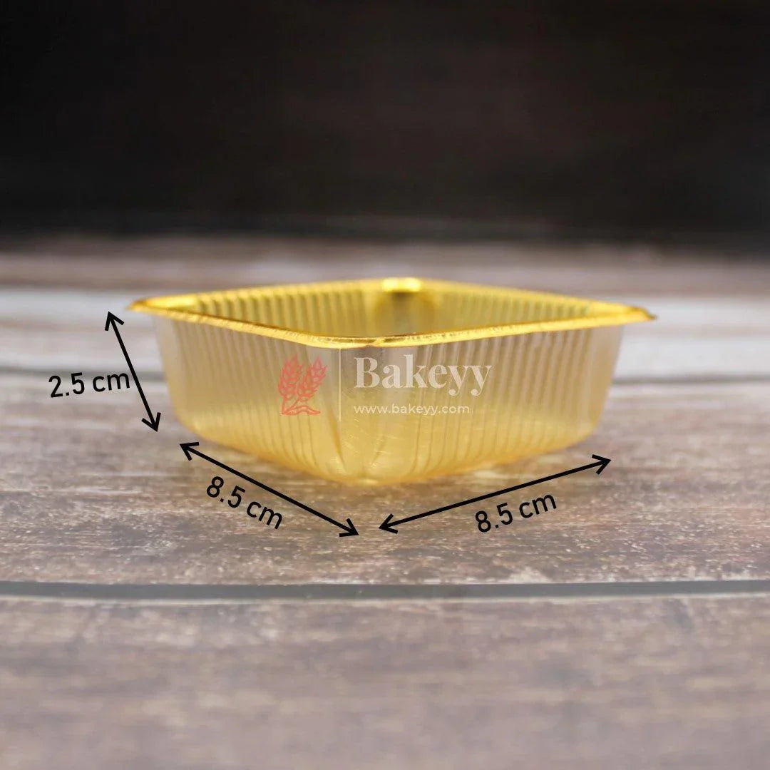 Square Disposable Plastic Gold Foil Tray | Sweet Tray | Chocolate Tray | Pack of 100 - Bakeyy.com - India - Square Disposable Plastic Gold Foil Tray | Sweet Tray | Chocolate Tray | Pack of 100 - 8.5 cm
