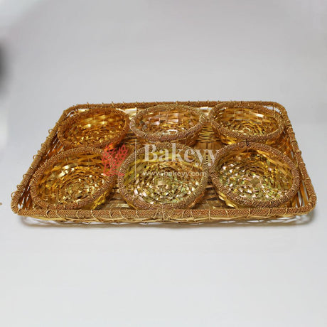 Elegant Gold-Plated Metal Dry Fruit Tray with 6 Decorative Bowls - Bakeyy.com - India - Elegant Gold-Plated Metal Dry Fruit Tray with 6 Decorative Bowls - Default Title