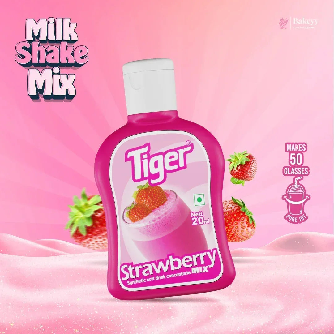 Bottle of Tiger Strawberry Milk Shake Mix on a pink background with strawberries and text.