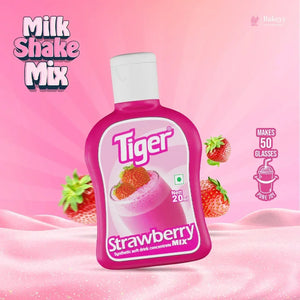 Bottle of Tiger Strawberry Milk Shake Mix on a pink background with strawberries and text.