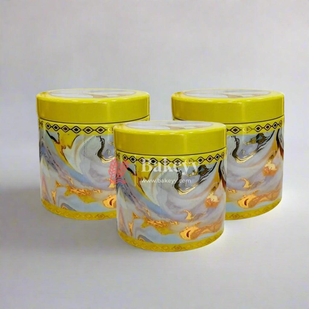 11x7.5cm | Elegant Marble-Print Yellow Storage Jar with Royal Indian Design | Gray and Gold Hexagonal Pattern Storage Jar | Pack of 4 - Bakeyy.com - India - 11x7.5cm | Elegant Marble-Print Yellow Storage Jar with Royal Indian Design | Gray and Gold Hexagonal Pattern Storage Jar | Pack of 4 - Design 1