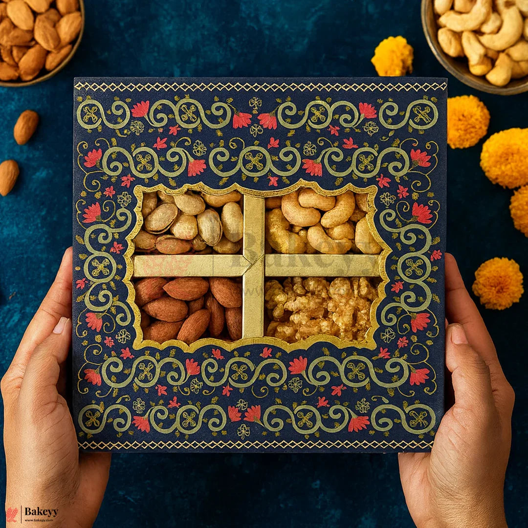 4 Cavity | Rigid Dry Fruit Box | Elegant Festive Hamper Box with Window Lid | Elegant Floral Design | Pack Of 1