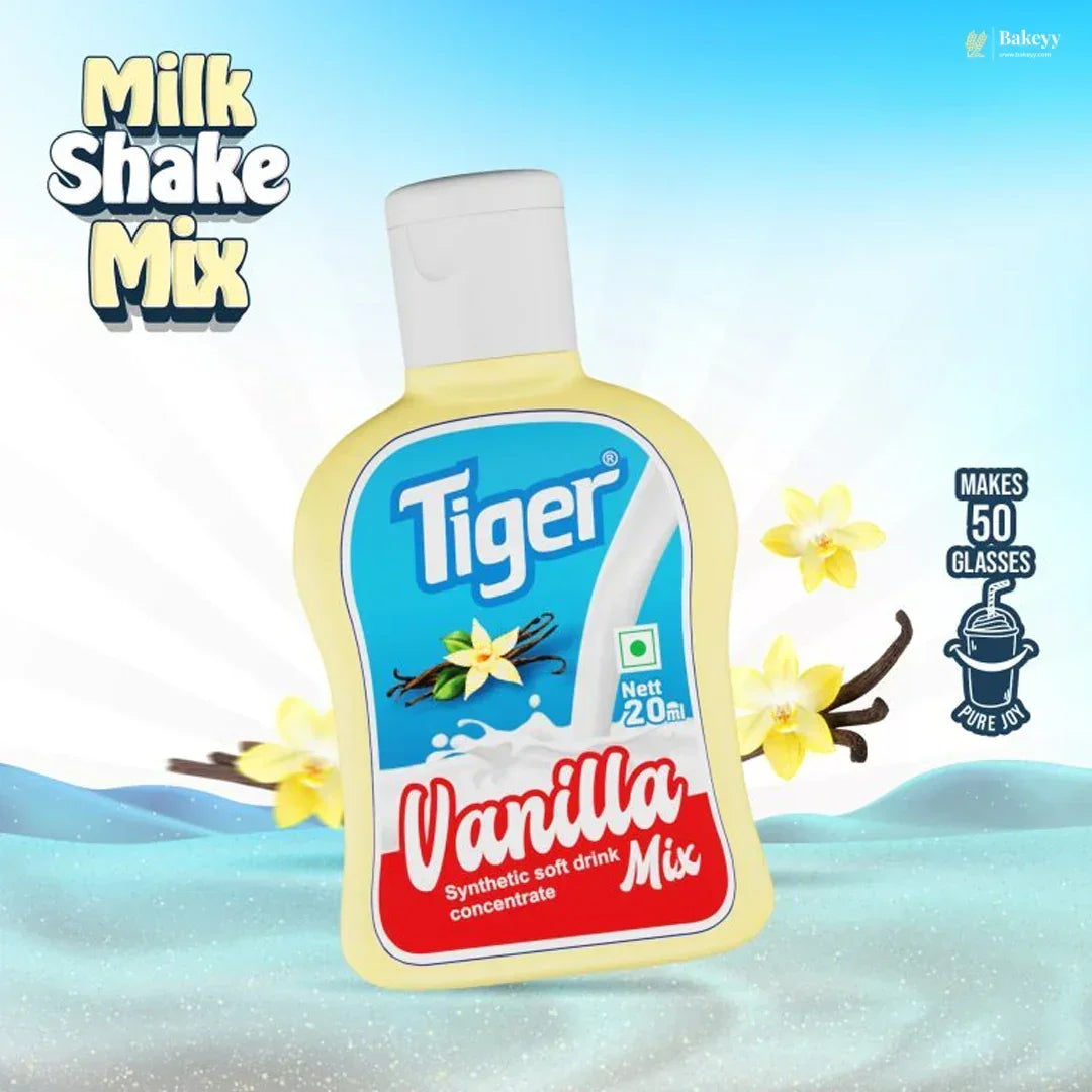 Tiger Vanilla Milk Shake Mix bottle with vanilla flowers on a blue gradient background