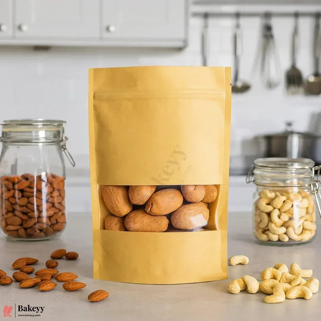 3 Kg | 30x40x6cm | Kraft Zip Lock Pouch | Window Brown Zip lock Pouch | Standing Pouch | Pack of 100 - Bakeyy.com - India - 3 Kg | 30x40x6cm | Kraft Zip Lock Pouch | Window Brown Zip lock Pouch | Standing Pouch | Pack of 100 - 3000g / 30x40x6cm