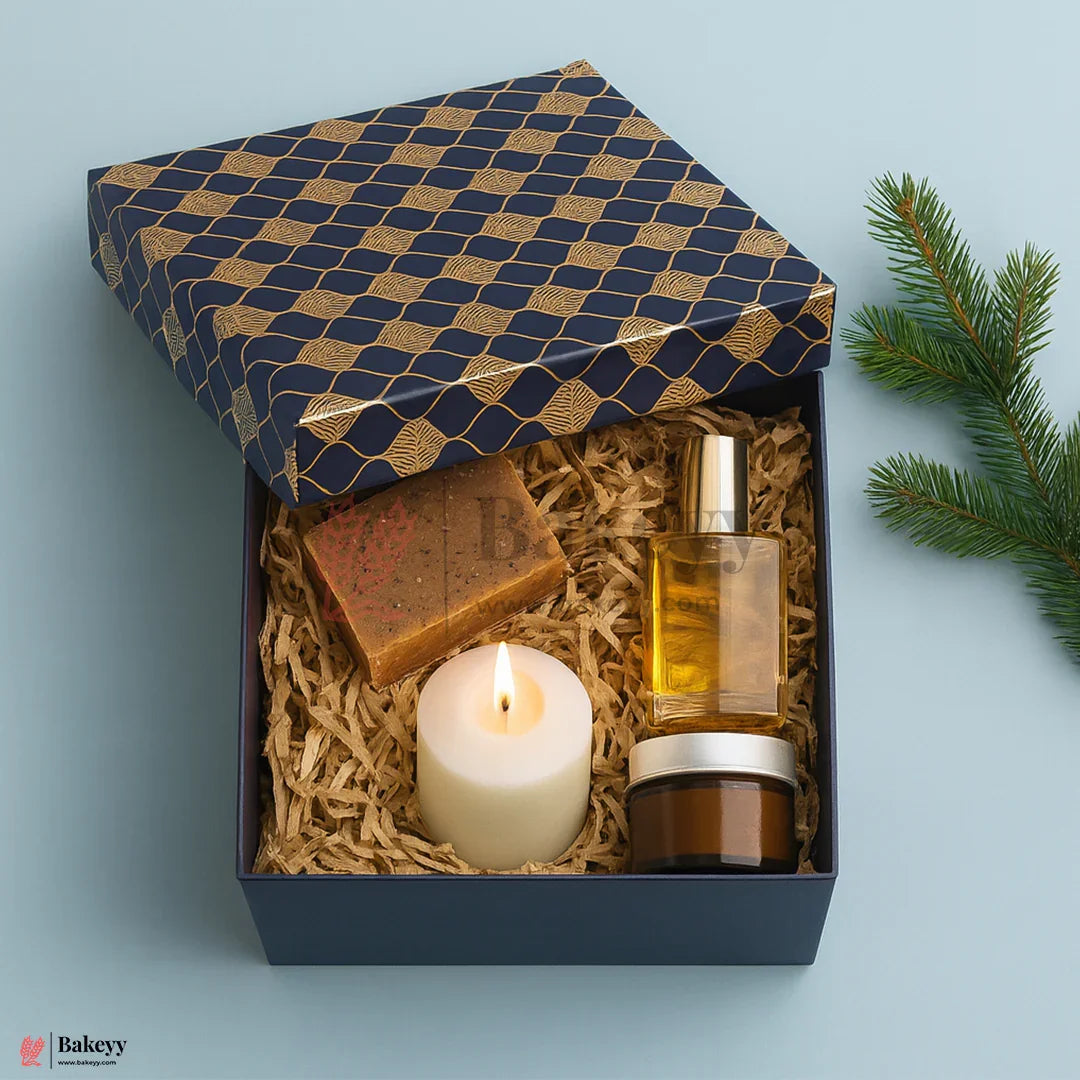 Premium Rigid Hamper Box | Blue with Golden Leaf Print | Pack of 1