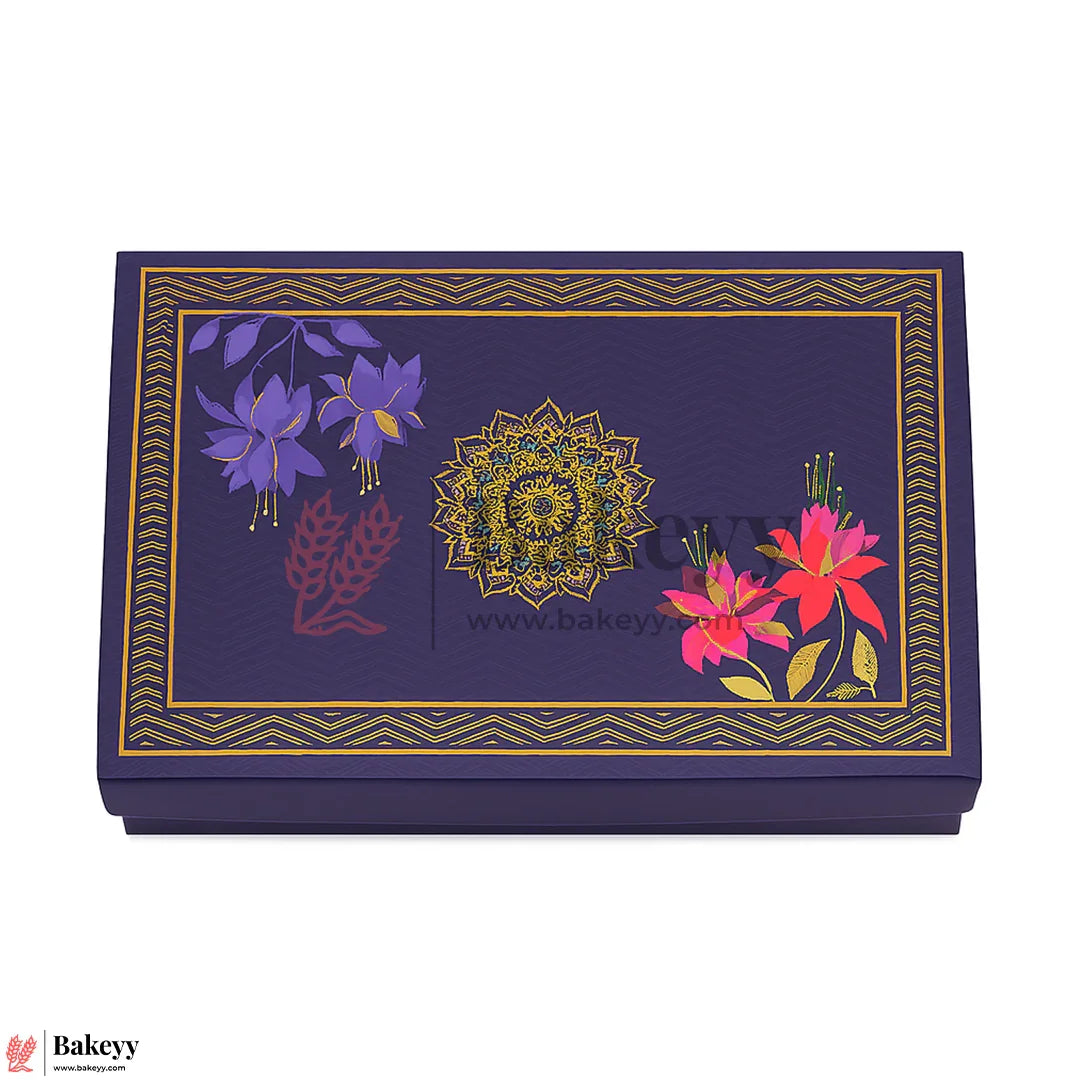 One Kg Sweet Box | 10.5x7.5x1.5 Inch | Royal Blue Floral Sweet Box with Golden Tray 1 Piece - Bakeyy.com - India - One Kg Sweet Box | 10.5x7.5x1.5 Inch | Royal Blue Floral Sweet Box with Golden Tray 1 Piece - Default Title