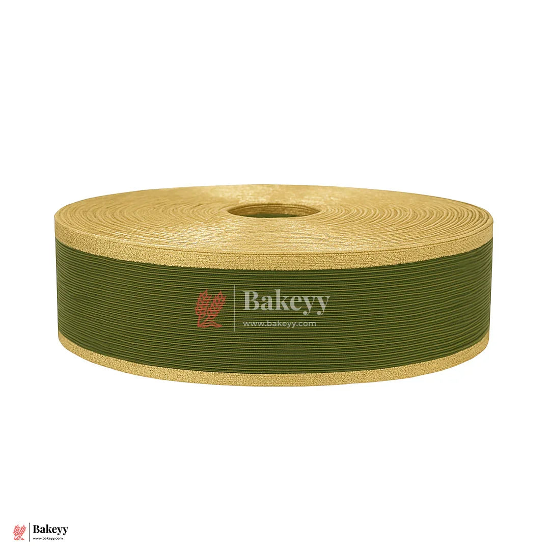 343 | Elastic Green Ribbon with Gold Borders – 3cm Width | 18 Meters Roll