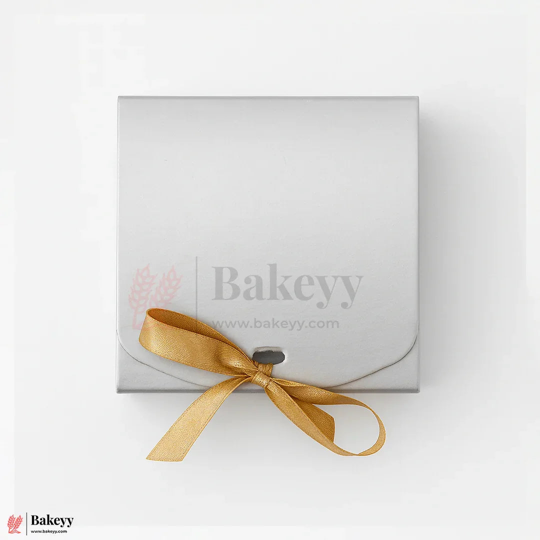 4.5x4.5x2 inch Premium Silver Square Gift Box with Golden Ribbon| Pack of 10
