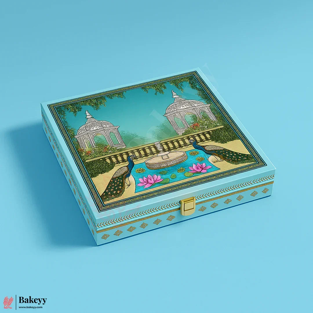 Decorative box with garden design on a blue background