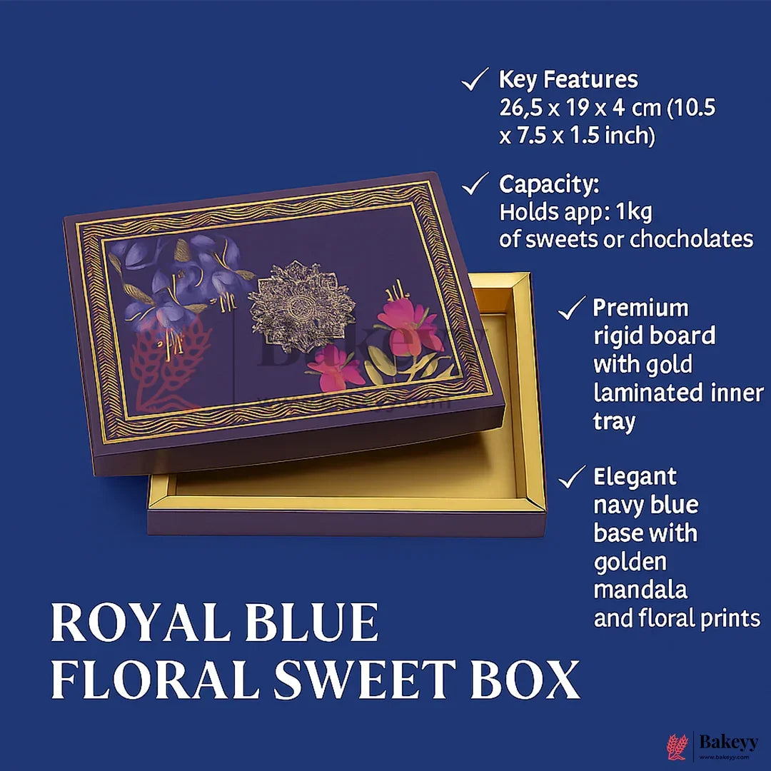 One Kg Sweet Box | 10.5x7.5x1.5 Inch | Royal Blue Floral Sweet Box with Golden Tray 1 Piece - Bakeyy.com - India - One Kg Sweet Box | 10.5x7.5x1.5 Inch | Royal Blue Floral Sweet Box with Golden Tray 1 Piece - Default Title