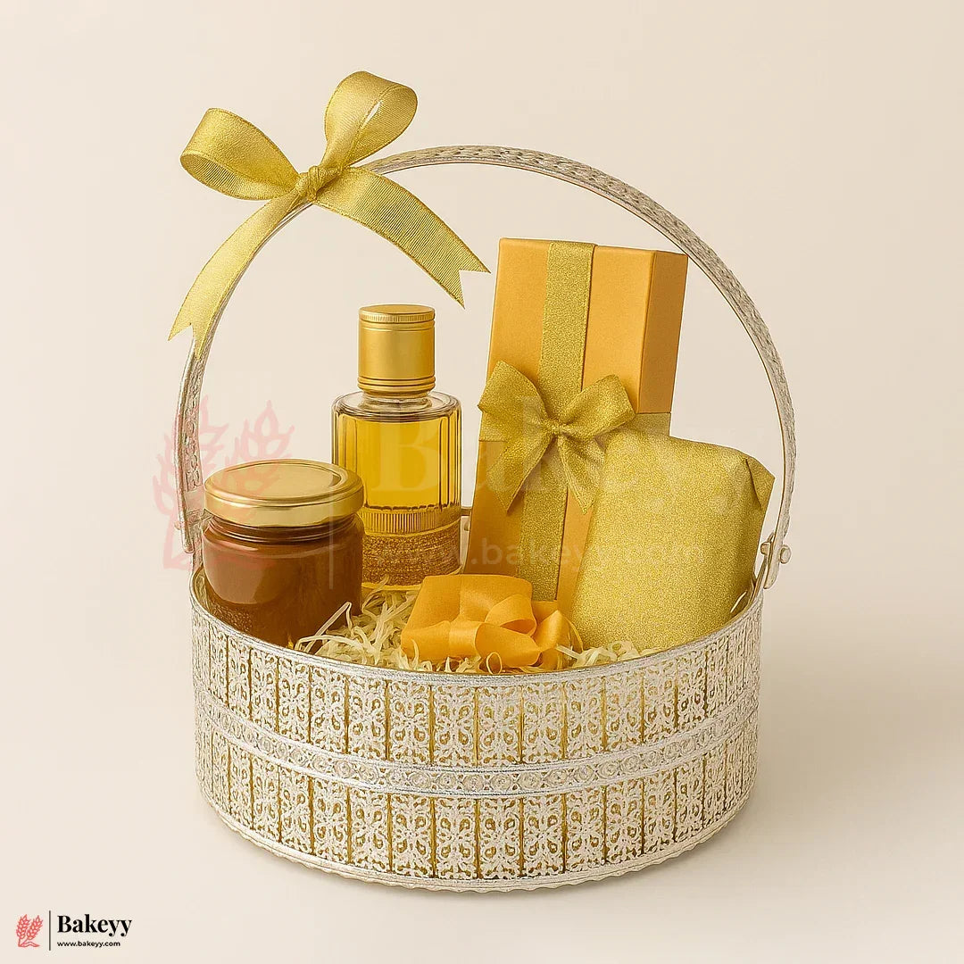 Elegant Silver Plated Metal Basket |Premium Gifting & Serving Accessory| for Weddings, Festivals & Special Occasions - Bakeyy.com - India - Elegant Silver Plated Metal Basket |Premium Gifting & Serving Accessory| for Weddings, Festivals & Special Occasions - 6 inch
