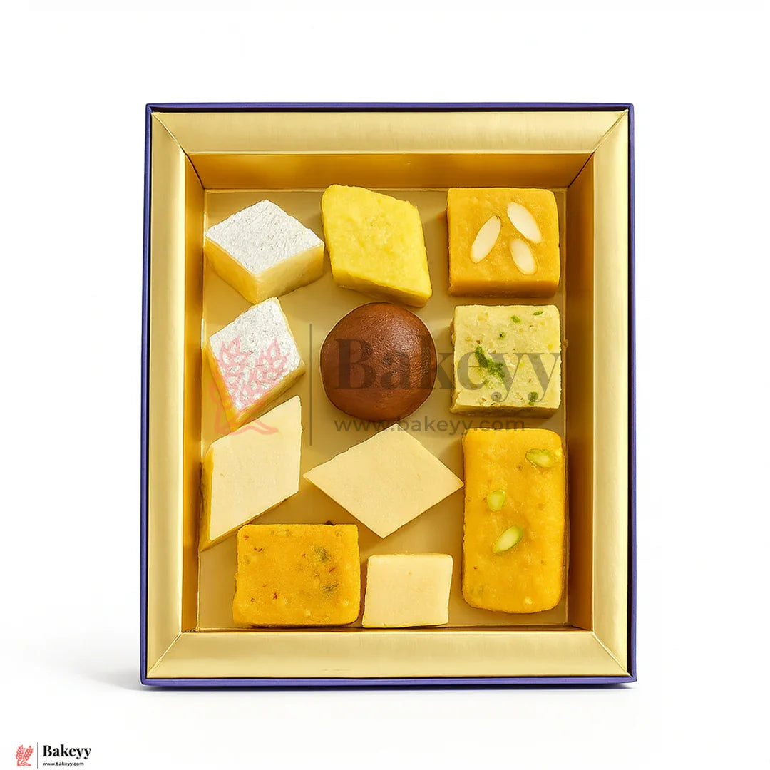 One Kg Sweet Box | 10.5x7.5x1.5 Inch | Premium Blue Festive Sweet Box with Golden Base | Rigid Sweet Box with Golden Interior | 1 Piece