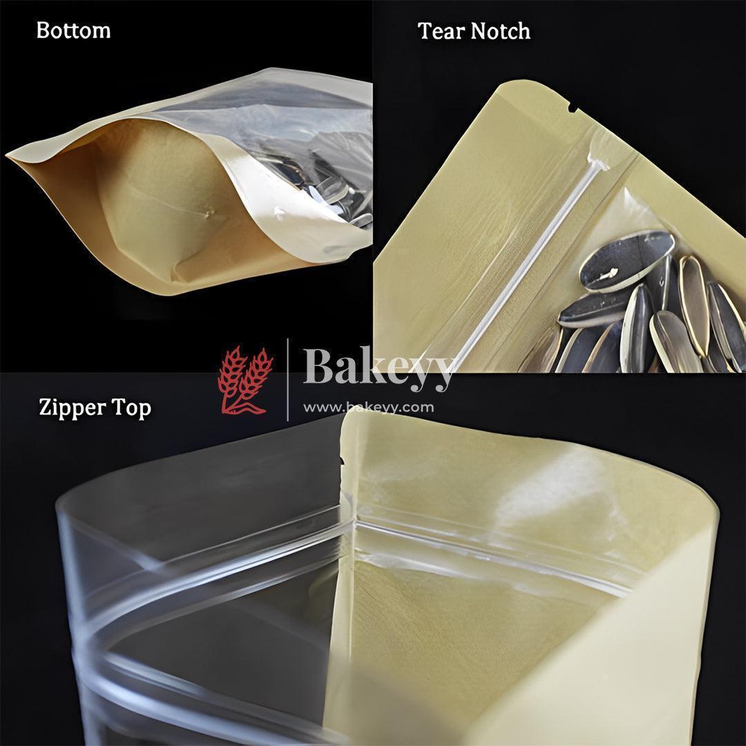 1Kg|26x18Cm| Premium Stand-Up Kraft Pouch With Full Window | Resealable, Durable & Food-Safe Packaging - Bakeyy.com - India - 1Kg|26x18Cm| Premium Stand-Up Kraft Pouch With Full Window | Resealable, Durable & Food-Safe Packaging - Pack Of 100