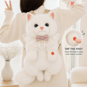 White plush cat toy with a bow on a person's back, with a close-up of the toy's foot and sound control.
Cute Plush Cat Backpack | Meow Sound Interactive | Wearable Storage Soft Backpack Toy | Pack of 1