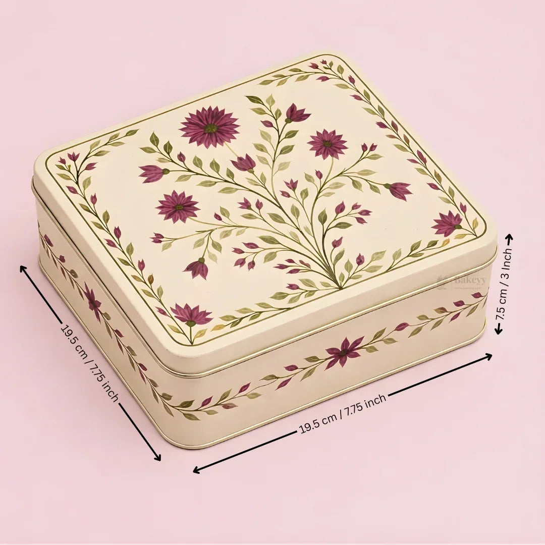 Premium Elegant Floral Tin Box – Pink & Gold Accents| Pack of 1 - Bakeyy.com - India - Premium Elegant Floral Tin Box – Pink & Gold Accents| Pack of 1 - 7.75x7.75x3 Inch 180.00