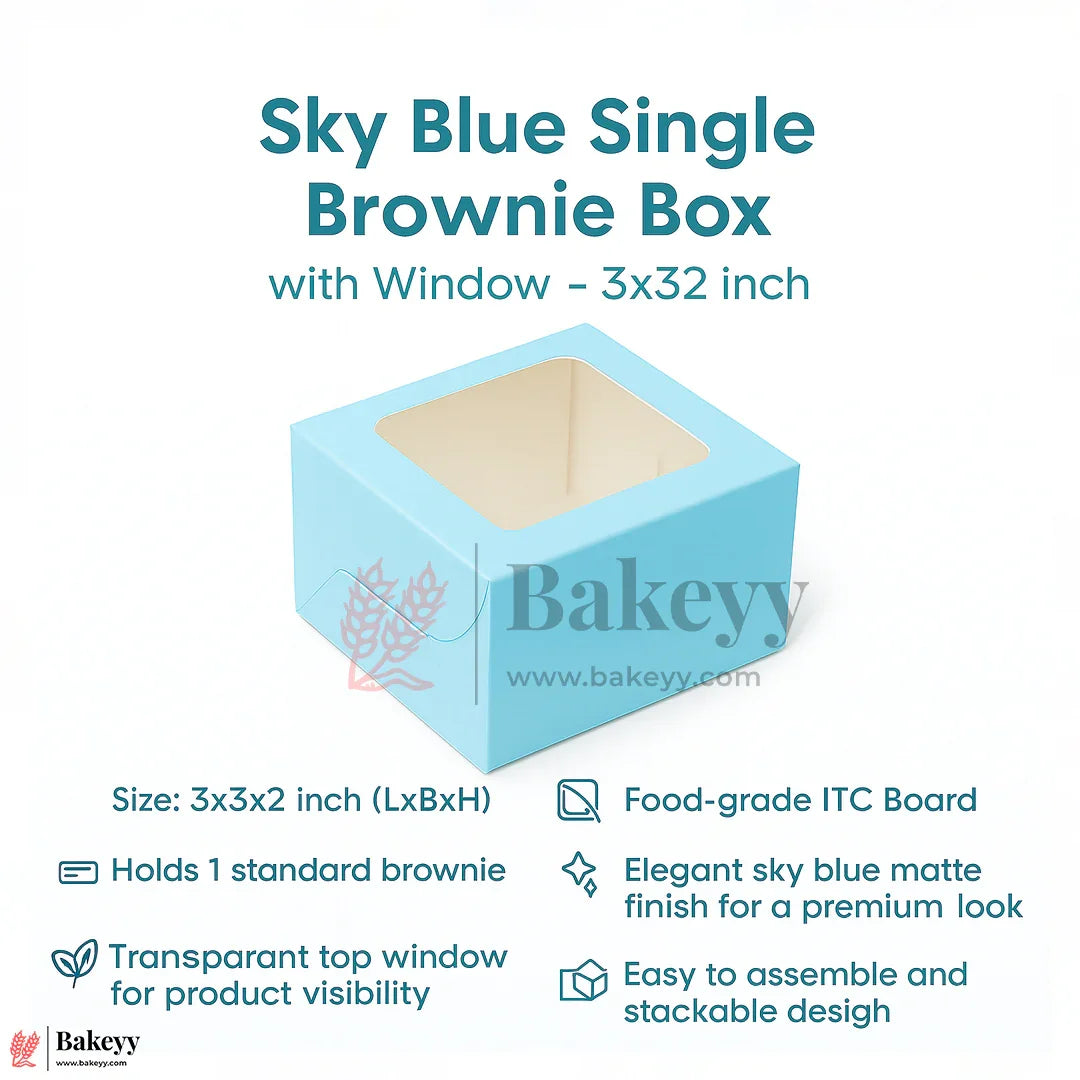3x3x2 inch | 1 Sky Blue Single Brownie Box with Window | cookie packaging box | cookie box with clear window | Gift box | Pack of 50