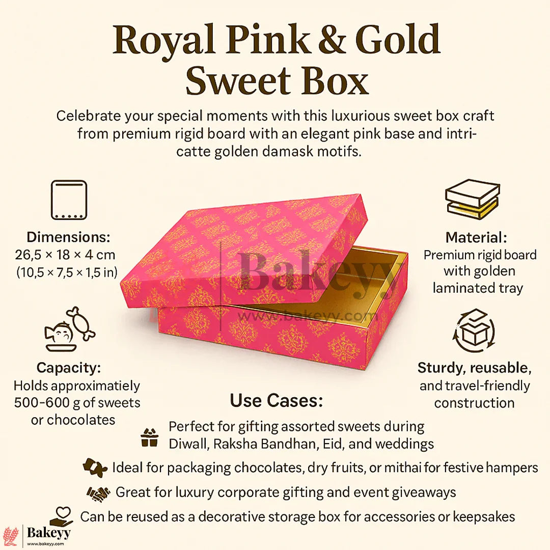 One Kg Sweet Box | 10.5x7.5x1.5 Inch |  Royal Pink & Gold Sweet Box with Golden Tray 1 Piece