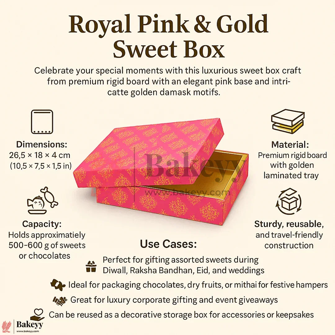 One Kg Sweet Box | 10.5x7.5x1.5 Inch | Royal Pink & Gold Sweet Box with Golden Tray 1 Piece - Bakeyy.com - India - One Kg Sweet Box | 10.5x7.5x1.5 Inch | Royal Pink & Gold Sweet Box with Golden Tray 1 Piece - Default Title