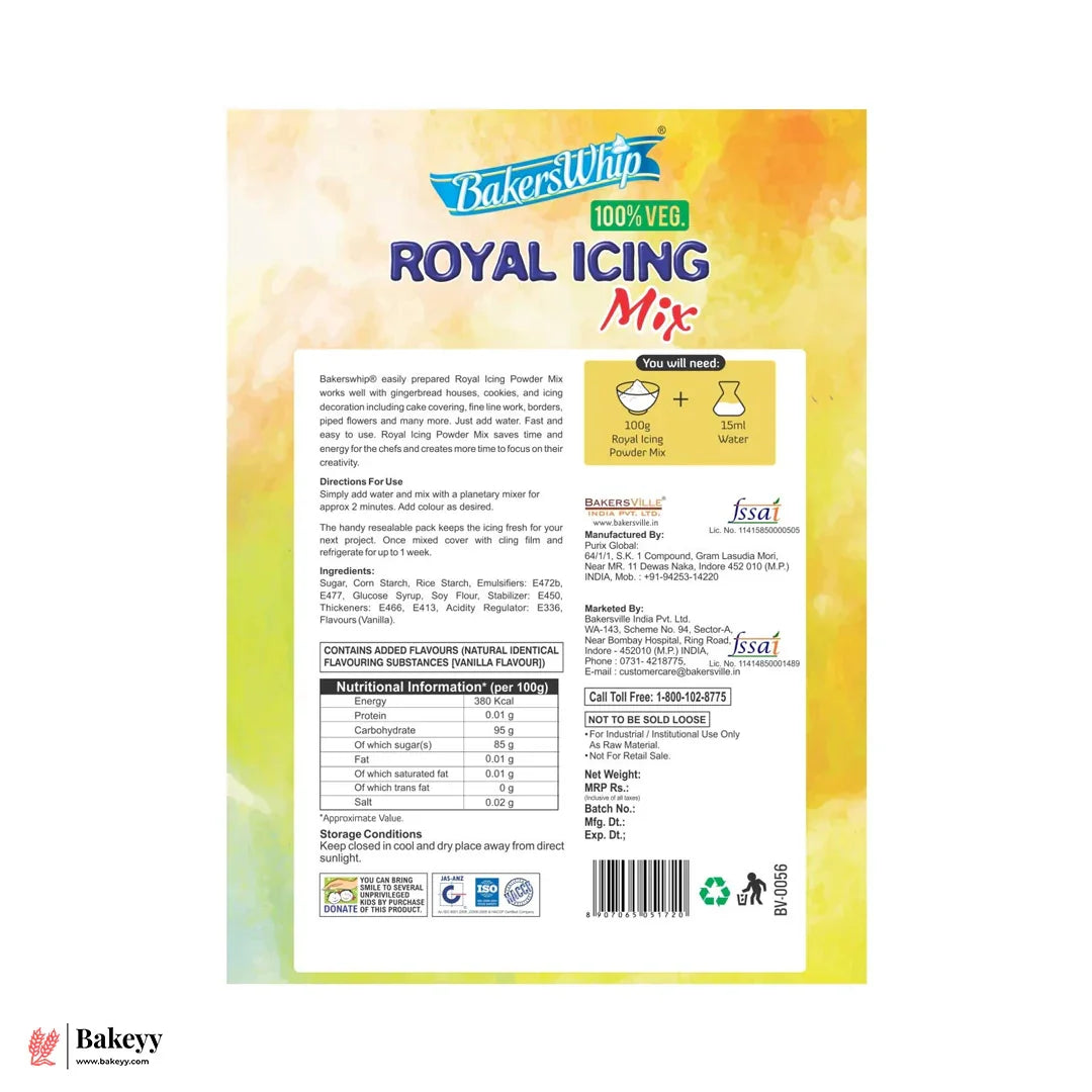 BakersWhip Royal Icing Mix – 100% Veg | Ready-to-Use Icing Powder - 450grams