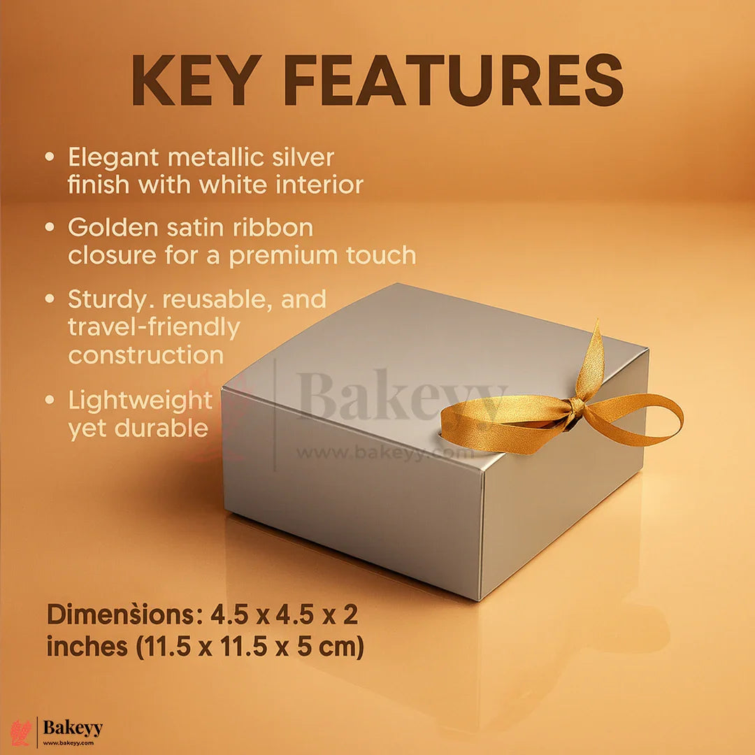 4.5x4.5x2 inch Premium Silver Square Gift Box with Golden Ribbon| Pack of 10