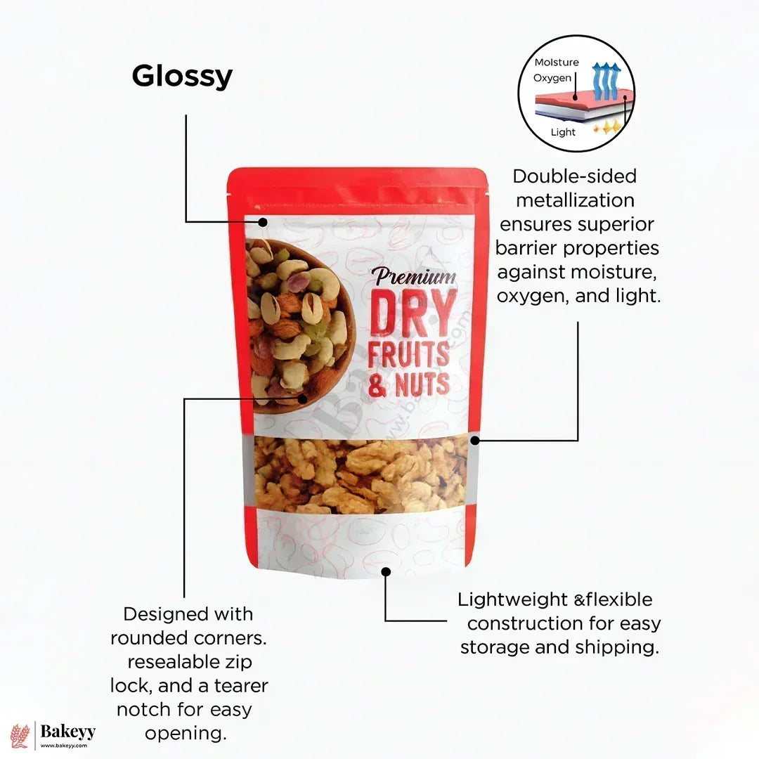 250 gm | 13x22 CM | Zip Lock Pouch | Red Printed Pouch With Window | Standing Pouch | 110 GSM | Pack of 100 - Bakeyy.com - India - 250 gm | 13x22 CM | Zip Lock Pouch | Red Printed Pouch With Window | Standing Pouch | 110 GSM | Pack of 100 - 13x22 cm / 250 gm