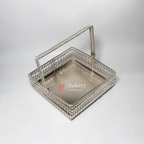 8 Inch Elegant Silver-Plated Square Basket with Handle | Premium Multipurpose Decorative Tray - Bakeyy.com - India - 8 Inch Elegant Silver-Plated Square Basket with Handle | Premium Multipurpose Decorative Tray - Default Title