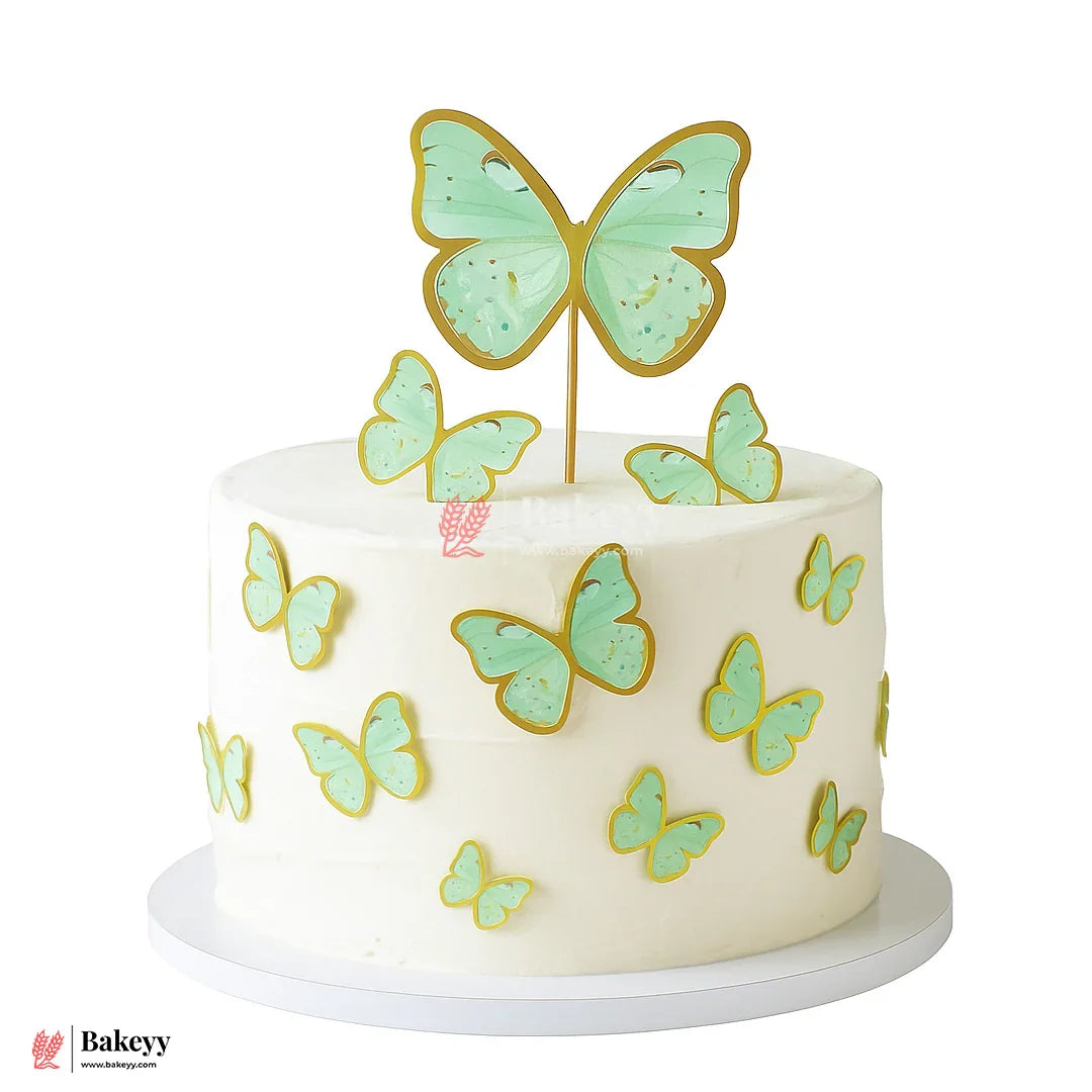 Mint Green & Shiny Gold Foil Border | Butterfly Toppers | Elegant Decoration for Cakes, Cupcakes & Desserts | Set of 10