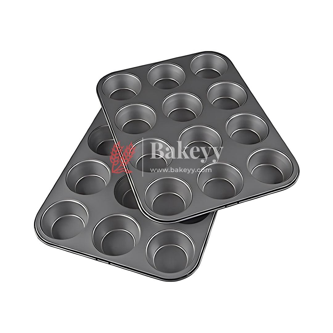 12 Slot Tray Cup Muffin Pan Tins Mould | Baking Cupcake | Non-Stick Mould | Reusable Tray Pan Mould | Non-Stick| Chrome Gold, Black Colour - Bakeyy.com - India - 12 Slot Tray Cup Muffin Pan Tins Mould | Baking Cupcake | Non-Stick Mould | Reusable Tray Pan Mould | Non-Stick| Chrome Gold, Black Colour - Black