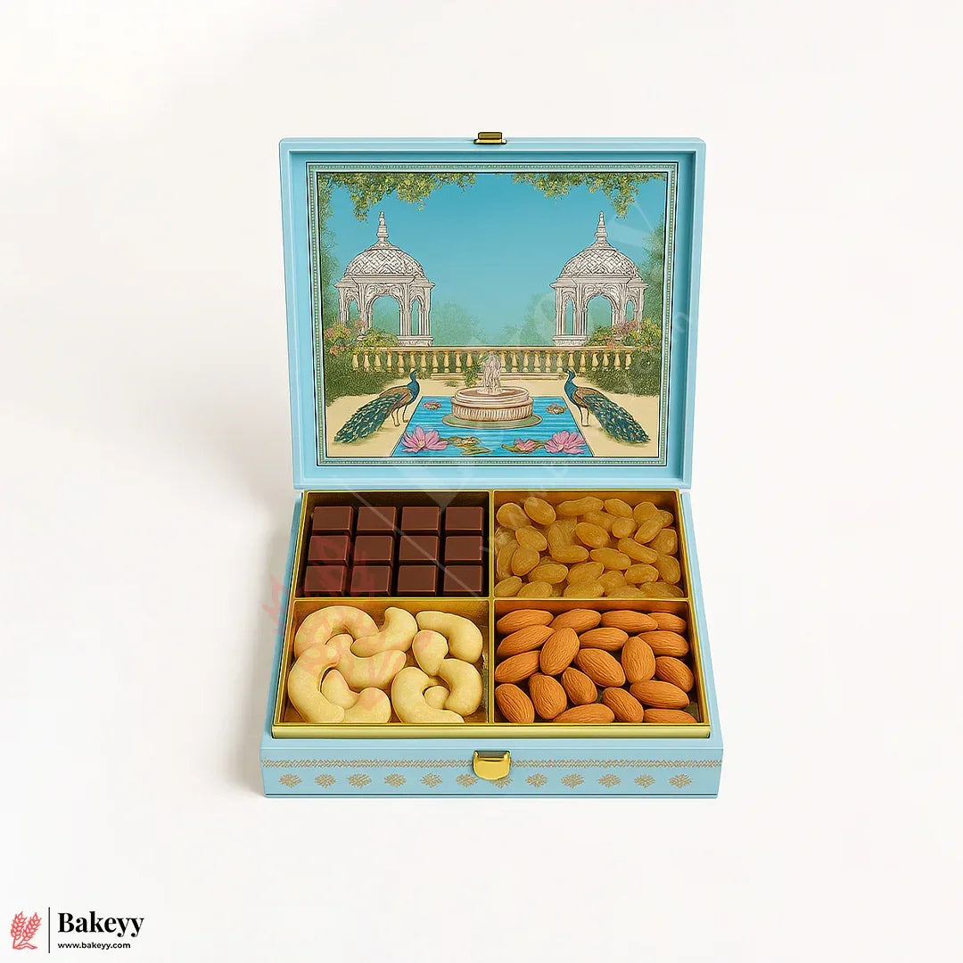 30x30x5cm | Premium Peacock Garden MDF Dry Fruit & Chocolate Gift Box | Pack of 1 - Bakeyy.com - India - 30x30x5cm | Premium Peacock Garden MDF Dry Fruit & Chocolate Gift Box | Pack of 1 - Default Title