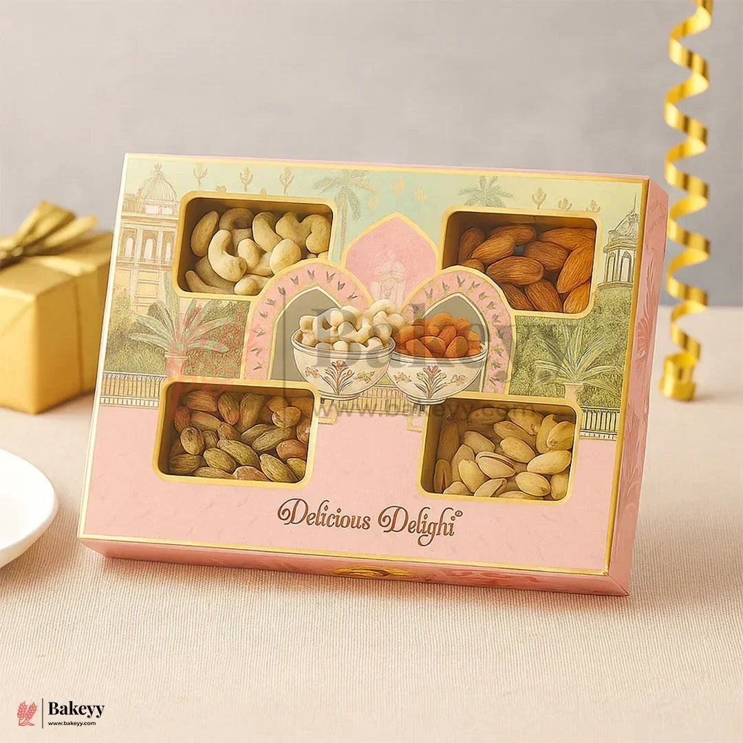 25x25x2.5 cm | Delicious Delight 4-Cavity Dry Fruit Gift Box | Decorative Festive Packaging | Pack of 10 - Bakeyy.com - India - 25x25x2.5 cm | Delicious Delight 4-Cavity Dry Fruit Gift Box | Decorative Festive Packaging | Pack of 10 - Default Title