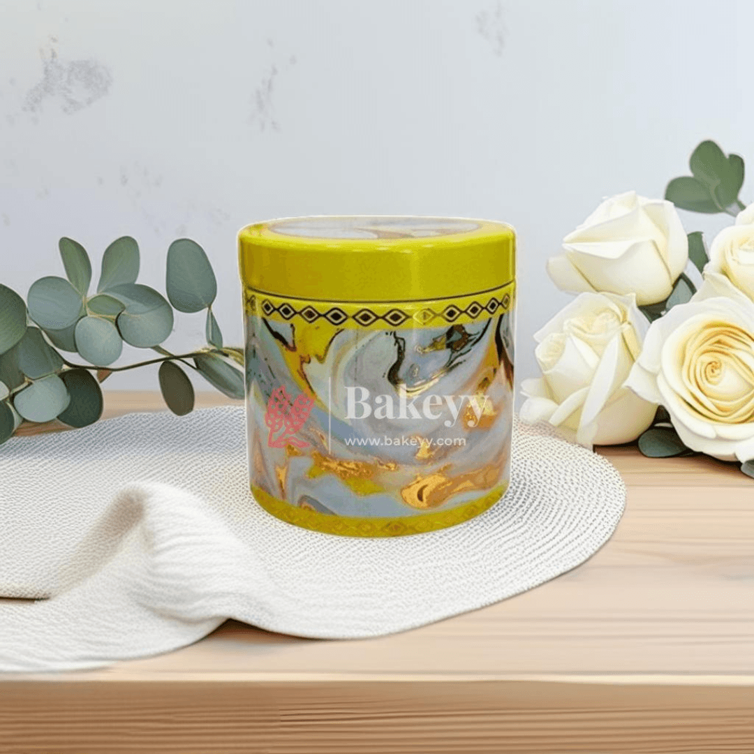 11x7.5cm | Elegant Marble-Print Yellow Storage Jar with Royal Indian Design | Gray and Gold Hexagonal Pattern Storage Jar | Pack of 4 - Bakeyy.com - India - 11x7.5cm | Elegant Marble-Print Yellow Storage Jar with Royal Indian Design | Gray and Gold Hexagonal Pattern Storage Jar | Pack of 4 - Design 1