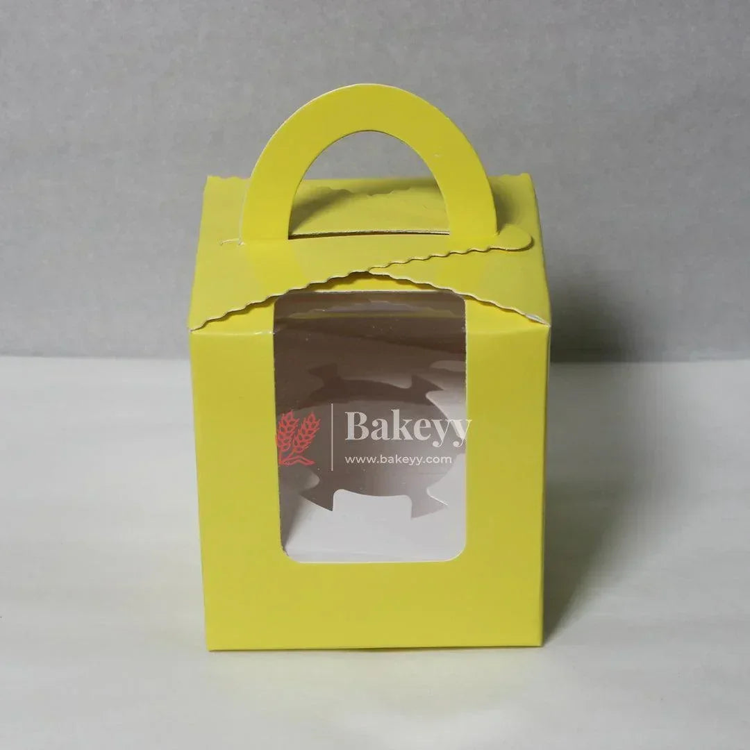 1 -Cupcak Box with Handle | Yellow Colour | With Front Window | - Bakeyy.com - India - 1 -Cupcak Box with Handle | Yellow Colour | With Front Window | - Pack of 10