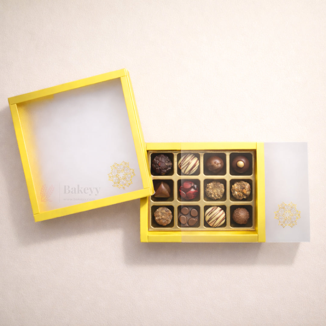 Yellow Sliding Chocolate Box with Gold Cavity | Premium Gift Box for Chocolates | Pack of 10 - Bakeyy.com - India - Yellow Sliding Chocolate Box with Gold Cavity | Premium Gift Box for Chocolates | Pack of 10 - 12 Cavity 500.00