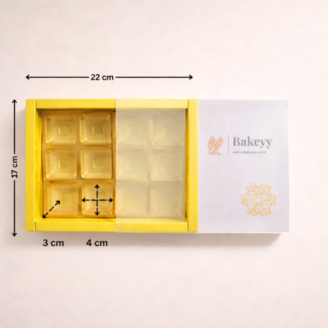 Yellow Sliding Chocolate Box with Gold Cavity | Premium Gift Box for Chocolates | Pack of 10 - Bakeyy.com - India - Yellow Sliding Chocolate Box with Gold Cavity | Premium Gift Box for Chocolates | Pack of 10 - 12 Cavity 500.00
