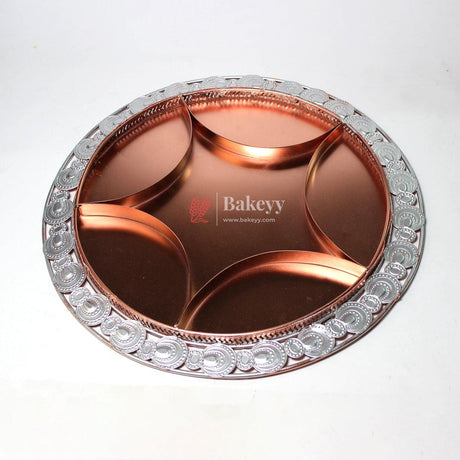 36 cm Decorative Serving Tray |Luxurious Round Elegant Rose Gold & Silver-Plated Partition Platter| Metal Dry Fruit Tray - Bakeyy.com - India - 36 cm Decorative Serving Tray |Luxurious Round Elegant Rose Gold & Silver-Plated Partition Platter| Metal Dry Fruit Tray - Default Title