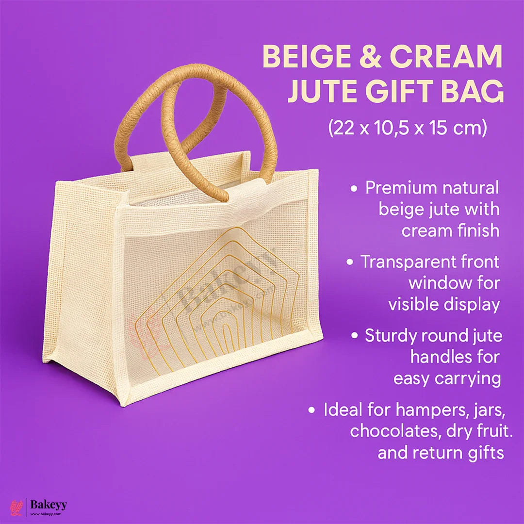 22x10.5x15 cm Beige & Cream Jute Gift Bag with Transparent Window & Round Handles Pack Of 1