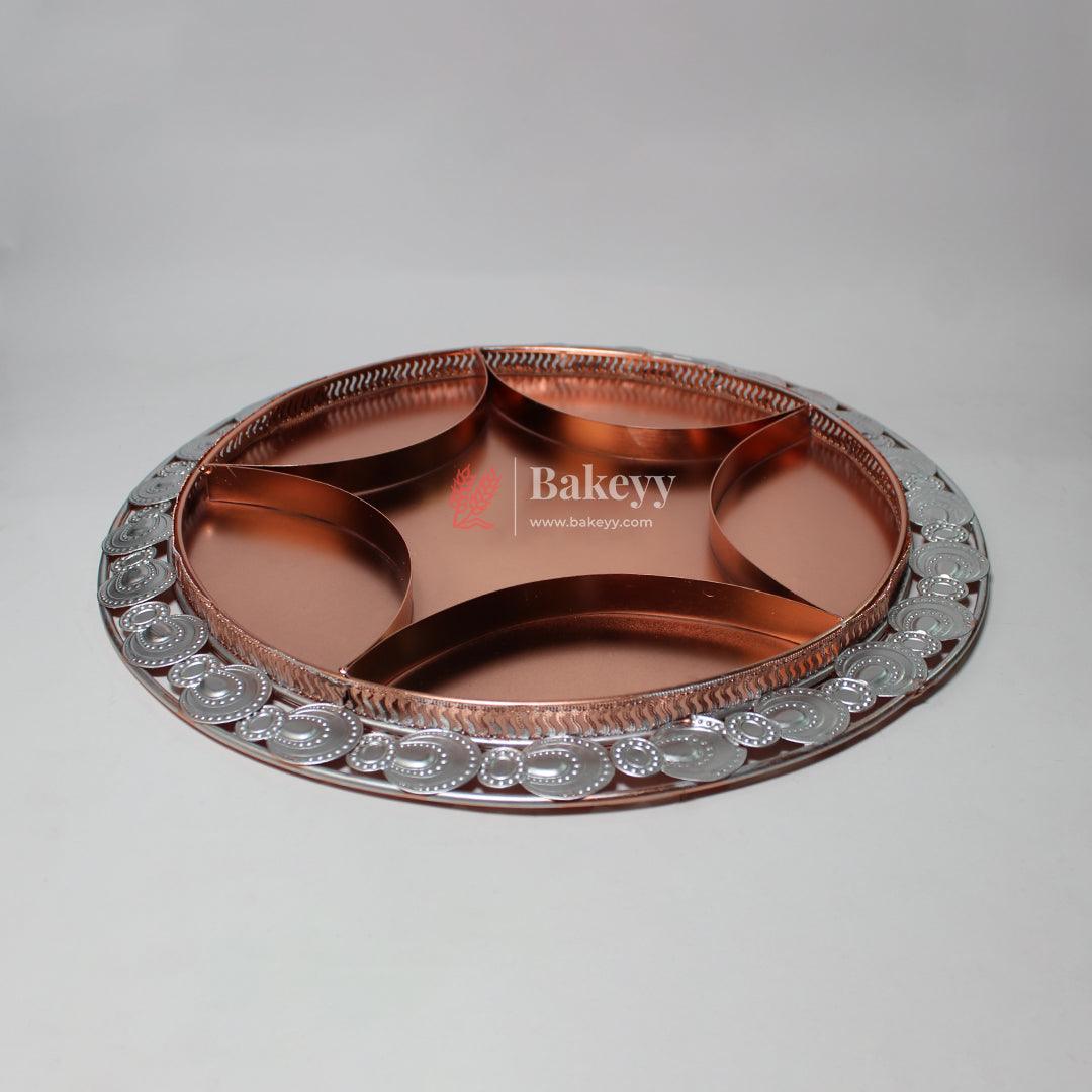 36 cm Decorative Serving Tray |Luxurious Round Elegant Rose Gold & Silver-Plated Partition Platter| Metal Dry Fruit Tray - Bakeyy.com - India - 36 cm Decorative Serving Tray |Luxurious Round Elegant Rose Gold & Silver-Plated Partition Platter| Metal Dry Fruit Tray - Default Title