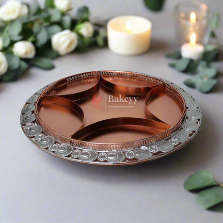36 cm Decorative Serving Tray |Luxurious Round Elegant Rose Gold & Silver-Plated Partition Platter| Metal Dry Fruit Tray - Bakeyy.com - India - 36 cm Decorative Serving Tray |Luxurious Round Elegant Rose Gold & Silver-Plated Partition Platter| Metal Dry Fruit Tray - Default Title
