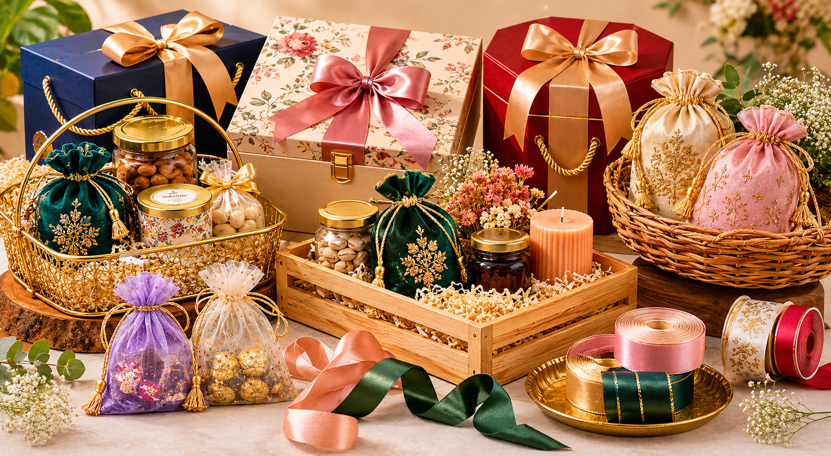 Complete Gift Hamper Packaging Guide: Boxes, Baskets, Potli Bags, Organza Bags &amp; Ribbons