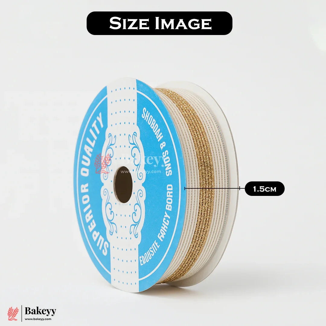1.5cm Elastic White Net Ribbon with Gold Glitter Center | 9 Mtrs | Stretchable Decorative Craft Ribbon Roll for Gift Wrapping, Bouquets