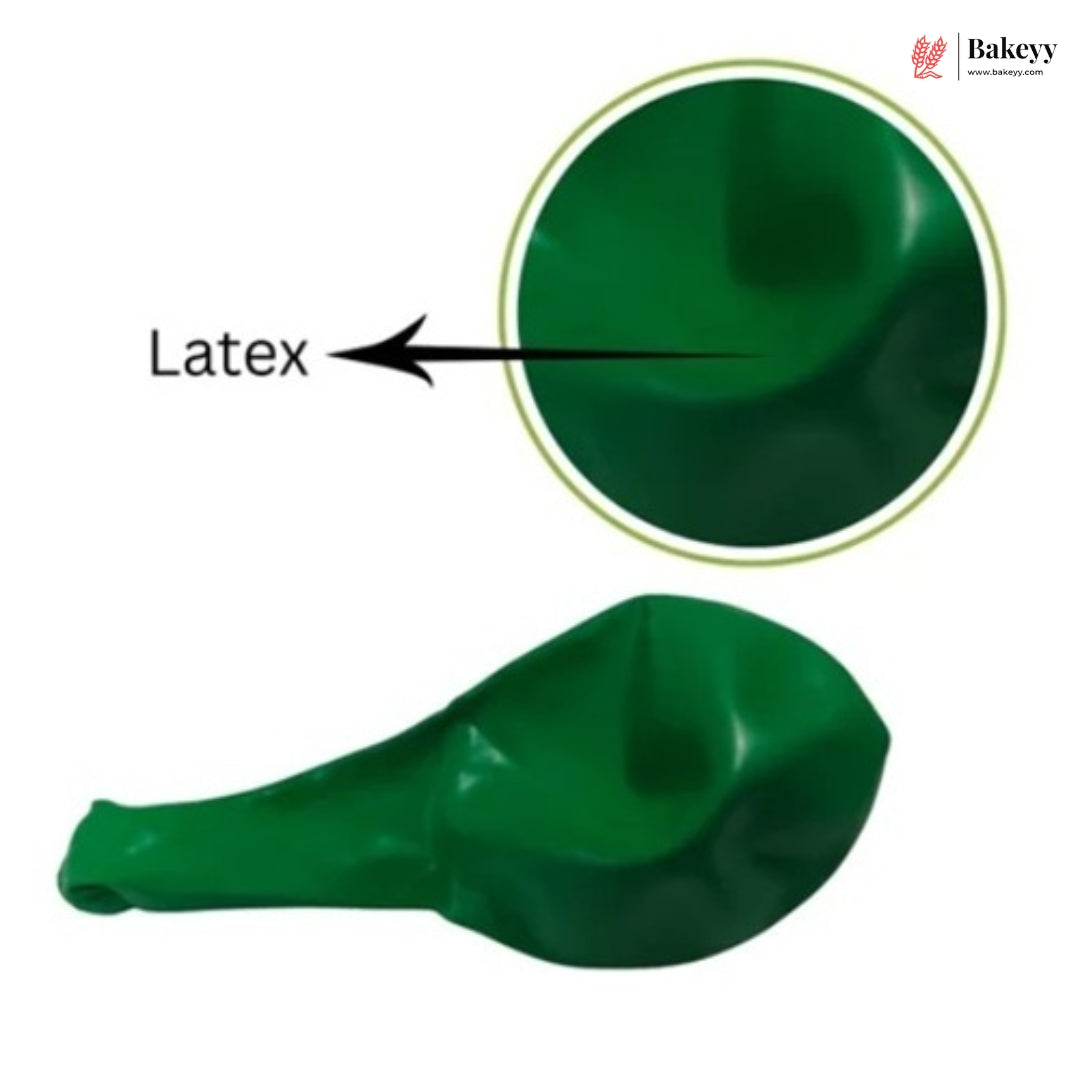 A single green latex balloon shown on a white background, with a circular inset highlighting the latex material and an arrow labeled 'Latex'. A Bakeyy logo appears in the top right corner.