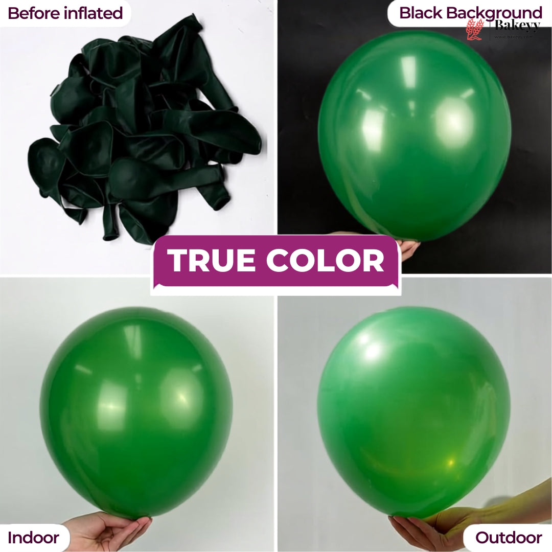 A four-panel comparison showing green latex balloons: deflated in a pile on the top left, inflated on a black background on the top right, inflated in indoor lighting on the bottom left, and inflated in outdoor lighting on the bottom right. A purple banner in the center reads “TRUE COLOR.
