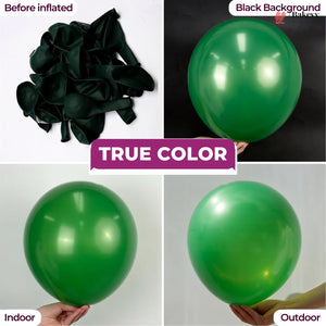 A four-panel comparison showing green latex balloons: deflated in a pile on the top left, inflated on a black background on the top right, inflated in indoor lighting on the bottom left, and inflated in outdoor lighting on the bottom right. A purple banner in the center reads “TRUE COLOR.