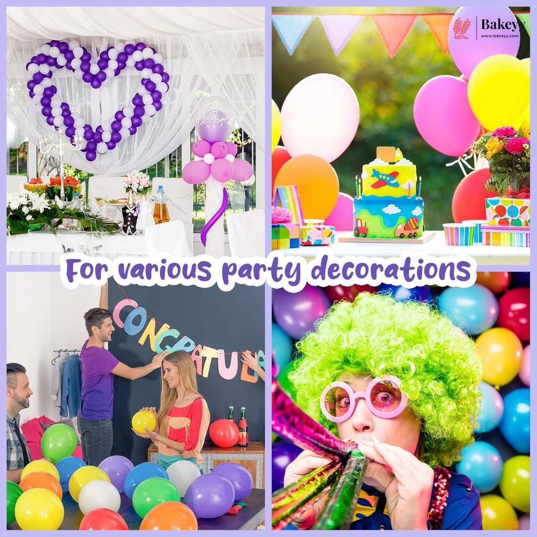 A four-panel collage showcasing colorful party decorations and party supplies, including a purple balloon heart decoration, a decorated party table with balloons and a cake, a congratulatory banner setup, and a person wearing a bright green wig and pink glasses while playing a trumpet. The text 'For various party decorations' is overlaid in the center, and a 'Bakey' logo is visible in the top right corner.