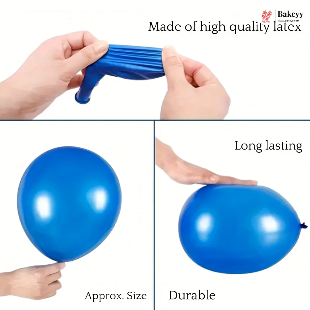 Blue latex party balloons shown with text callouts: 'Made of high quality latex,' 'Long lasting,' and 'Approx. Size Durable.