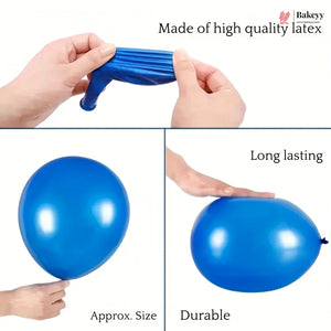 Blue latex party balloons shown with text callouts: 'Made of high quality latex,' 'Long lasting,' and 'Approx. Size Durable.