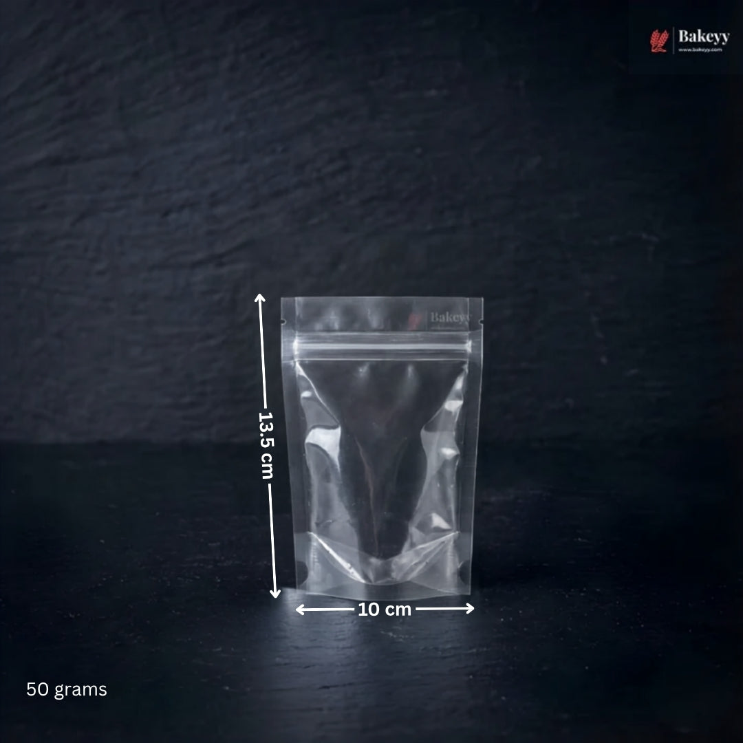 Clear plastic bag with dimensions labeled on a dark background, featuring the Bakey brand.