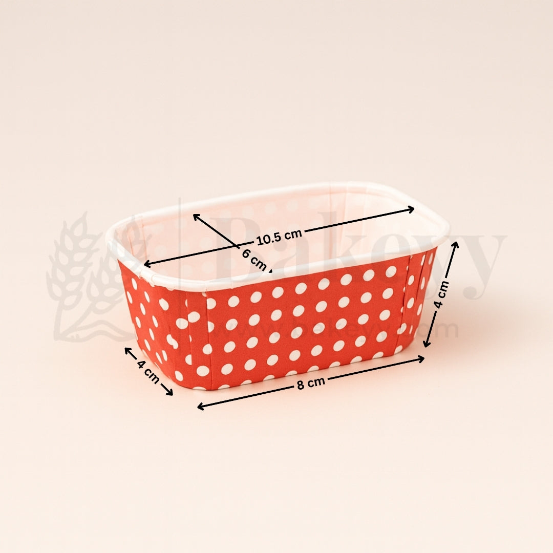 Red polka dot container with dimensions on a beige background