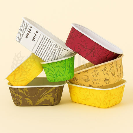 Stack of colorful paper dessert containers on a beige background